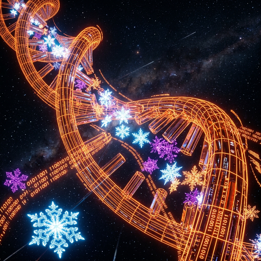 The intricate snowflake structures are implanted within the DNA, acting as blood cells. They represent the x-ray, gamma-ray, and microwave filter systems of the soul DNA — the internal binary flow.